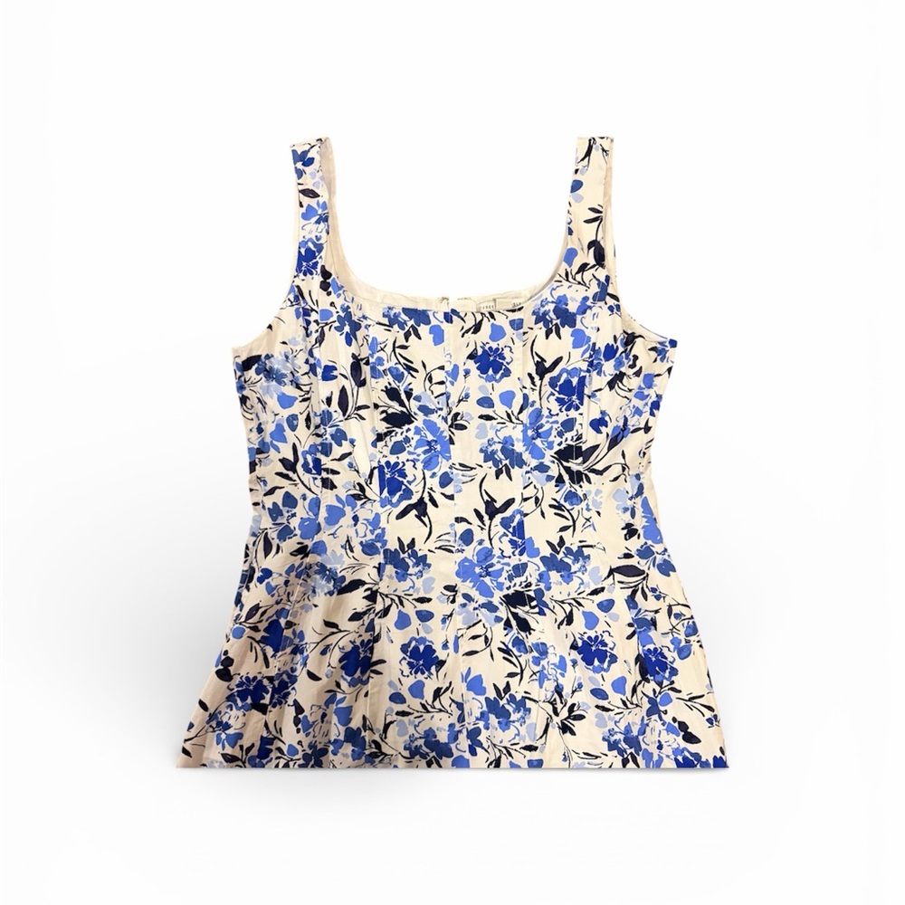 Fit & Flare Square Neck Sleeveless Blue & White Floral Midi Dress with Pockets - Picture 4 of 5